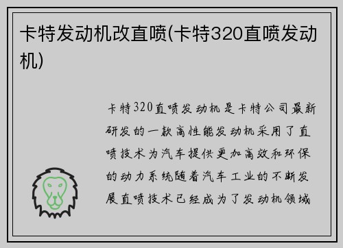 卡特发动机改直喷(卡特320直喷发动机)